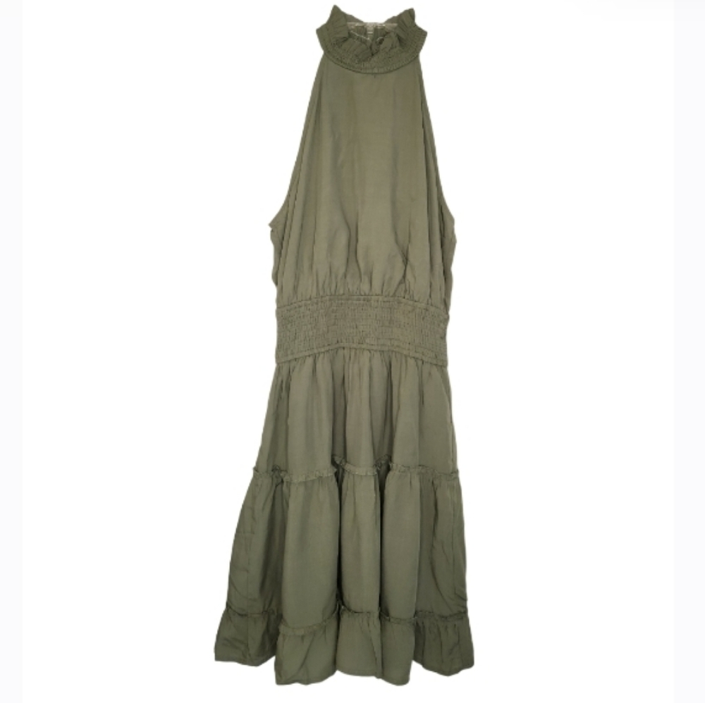 WOMEN'S SAGE MOCK NECK SMOCKED WAIST KEY HOLE TIERED RUFFLE DRESS SZ SMALL NWT